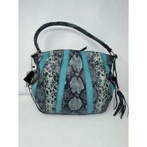 Aimee Kestenberg Leather Handbag Teal/Faux Snakeskin Tasseled Purse Gold NWT